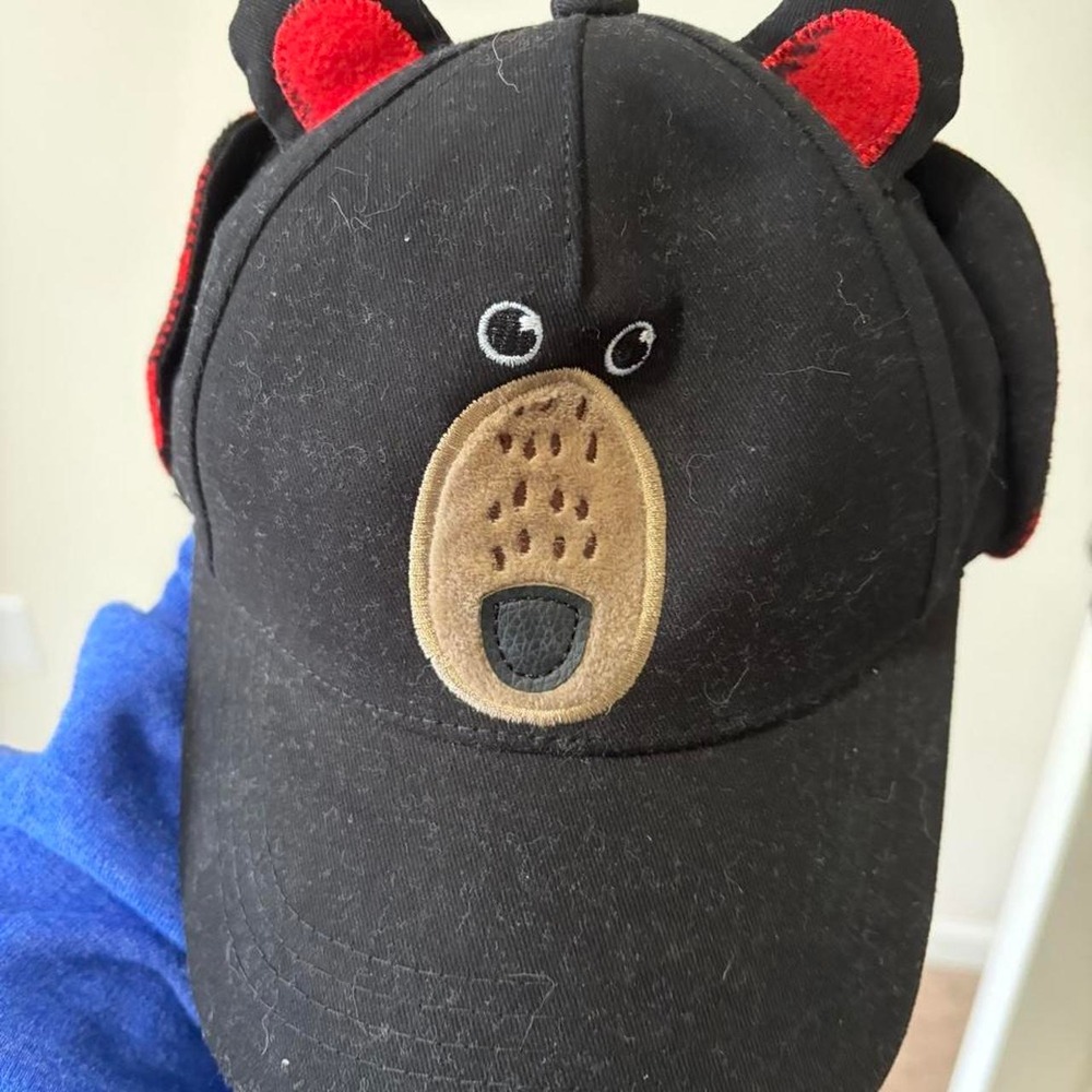 Kids Black Red Buffalo Plaid Bear Face Hat with Ears and Flaps